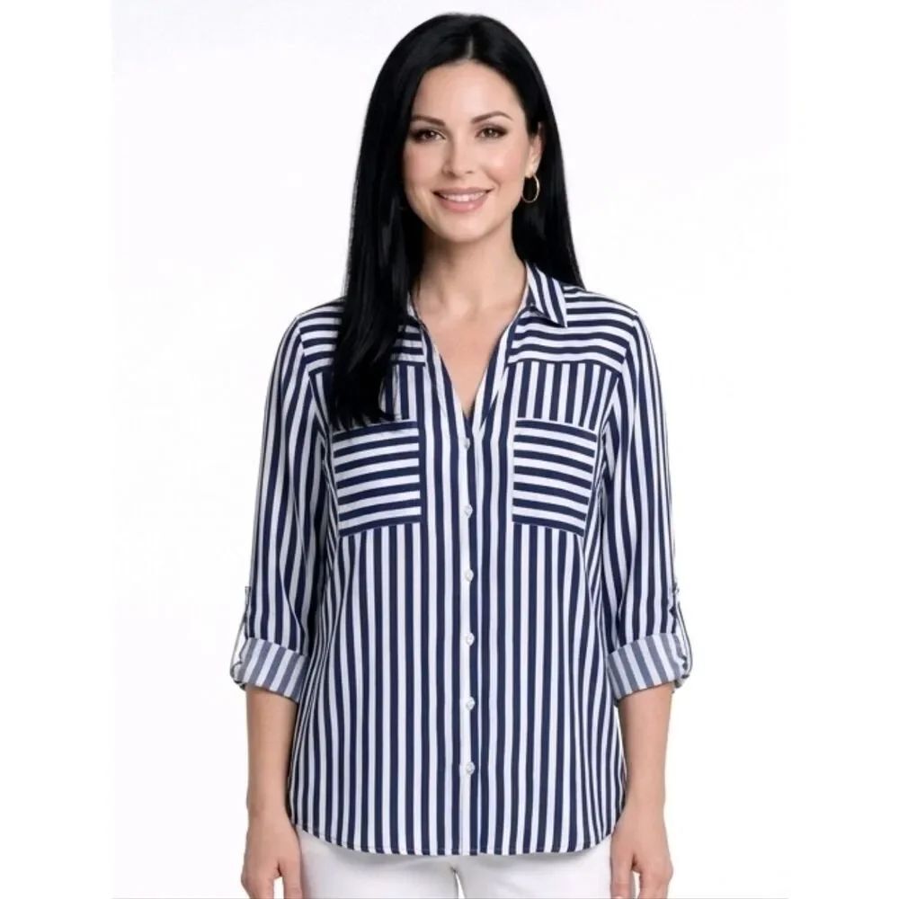 BCX Navy And White Striped Collared V-neck Button-Up Blouse Size XL